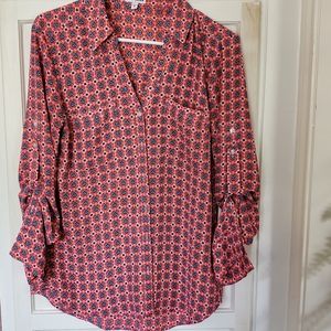 Womens Express Collar roll tab sleeve button down shirt pockets Semi Sheer